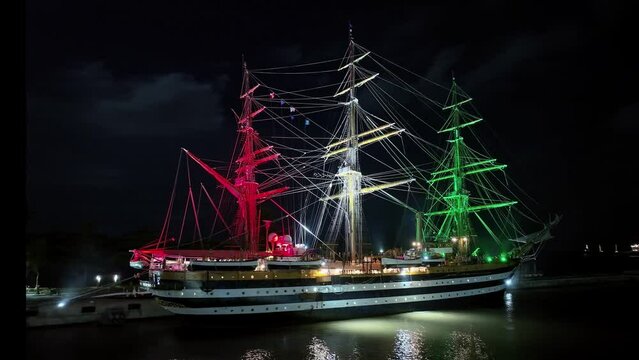 Beautiful Amerigo Vespucci Italian sailing school ship moored at night in Dominican Republic at Punta Torrencilla
