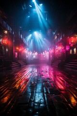  Empty nightclub stage with vibrant lighting, suggesting the energy of a night yet to come, Generative AI