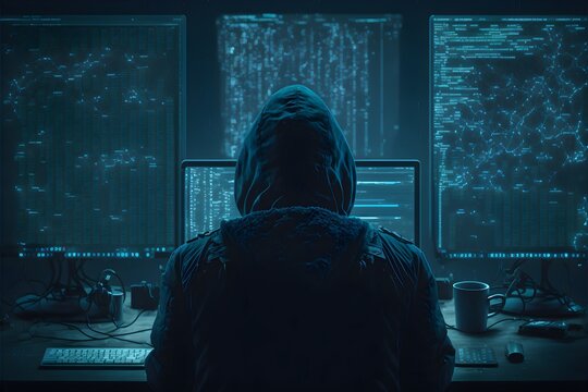 cool picture of a software developper in front of computer dark blue theme 4k HD 