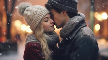 The romantic of young couple in love with wearing wool hat in the winter season on bokeh background. Generative Ai