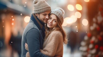 The romantic of young couple in love with wearing wool hat in the winter season on bokeh background. Generative Ai - obrazy, fototapety, plakaty