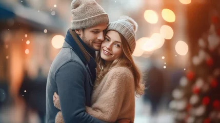 Poster The romantic of young couple in love with wearing wool hat in the winter season on bokeh background. Generative Ai © Areerat