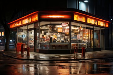Convenience store's exterior at night, illuminated by neon lights, Generative AI
