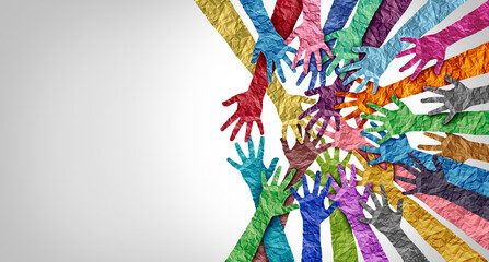 Belonging and inclusion concept as  a symbol of acceptance and integration with diversity and support of different cultures as diverse races and unity symbol holding hands together. - obrazy, fototapety, plakaty