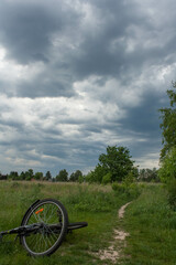 cloudscape over a green field with a small path in it