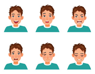 Young man with different facial emotion expressions such as laugh, confused, angry, worried, frustration, hurt - obrazy, fototapety, plakaty