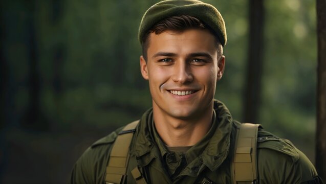 A portrait of a smiling russian soldier in the woods