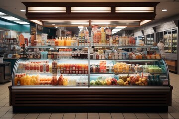 Convenience store's refrigerated section showcasing cold drinks and fresh food items, Generative AI - obrazy, fototapety, plakaty