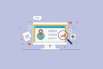 Search engine result page, SEO analysis tool, Search engine optimization, Maps on search result. Vector illustration banner.