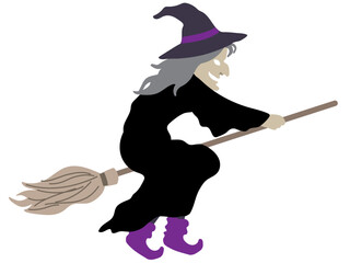 Halloween outlined vector illustration element of spooky, cute and fun flying wicked witch in black costume on the broom
