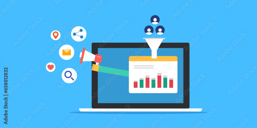 Poster digital marketing and sales funnel conversion report, customer data analytics web dashboard with bus