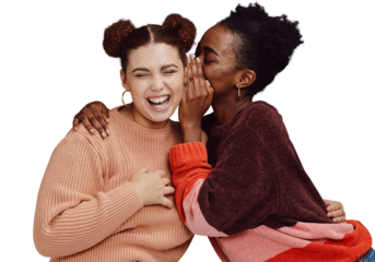 Gossip, friends and women laughing together at secret joke on png transparent background with smile on face. Comic, rumor and whisper in ear, black person with happiness talking to girl with humor