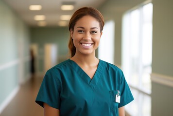 Young female nurse smiling happy at hospital corridor.Healthcare, profession, people and medicine concept. - obrazy, fototapety, plakaty