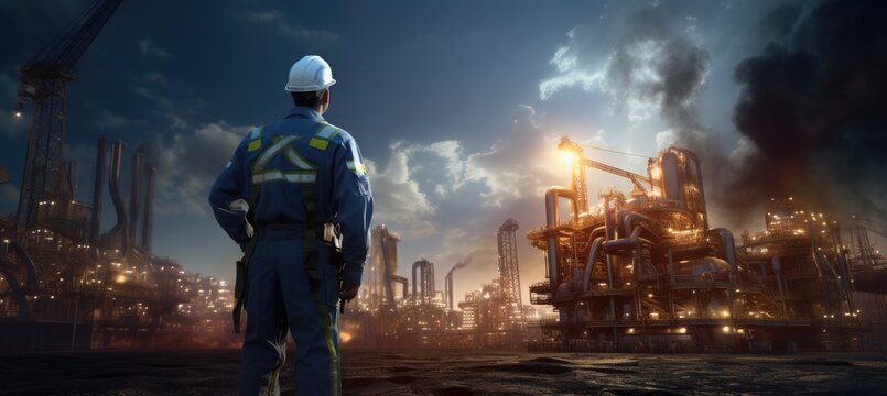 Worker looks at an oil field.