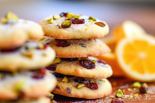 Delicious stack of cookies topped with cranberries and orange slices. Perfect for holiday baking or festive desserts.