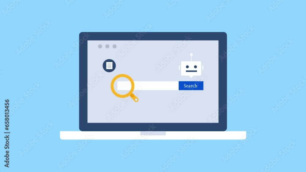 Poster search engine integrated with artificial intelligence technology, search bar on laptop screen with c