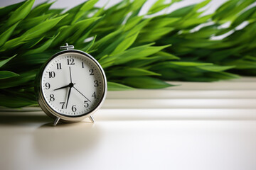 Clock sitting on top of table next to plant. This image can be used to depict time management, productivity, or adding touch of nature to interior design.