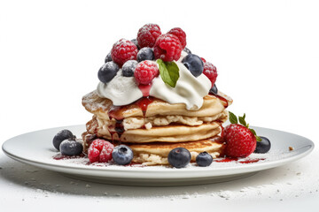 Stack of pancakes topped with fluffy whipped cream and fresh berries. Perfect for breakfast or brunch.