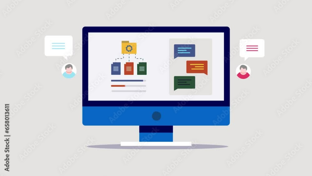 Aufkleber project collaboration software concept, business workflow management, people with digital communicat