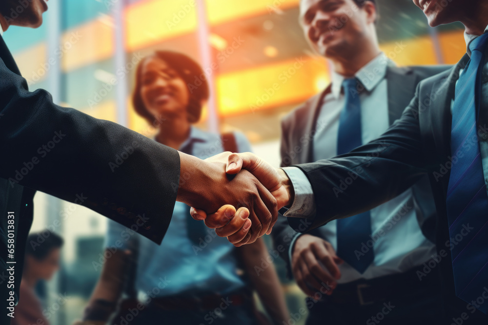 Poster group of people shaking hands in front of building. this picture can be used to represent business p