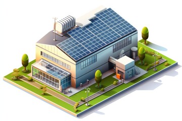 Isometric ecology small factory manufacture building with solar cell on roof for save energy system for modern industrial applications, white background.