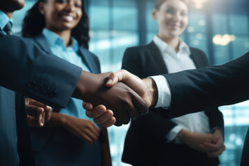 Group of business people engaging in handshake, symbolizing successful collaboration and teamwork. This image can be used to represent business partnerships, networking events, or corporate meetings.