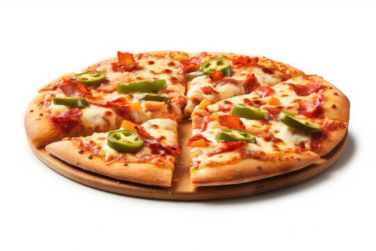 Picture of pizza that has been cut into four slices, placed on cutting board. This image can be used to depict delicious pizza ready to be served or to illustrate cooking and food preparation.