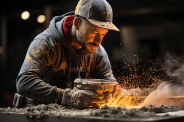 Young man operating a concrete mixer and pouring concrete into a foundation during construction, Generative AI 