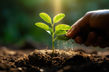 Hand is seen gently sprinkling water on plant. This image can be used to illustrate concepts such as gardening, plant care, nurturing, growth, and sustainability. - Powered by Adobe