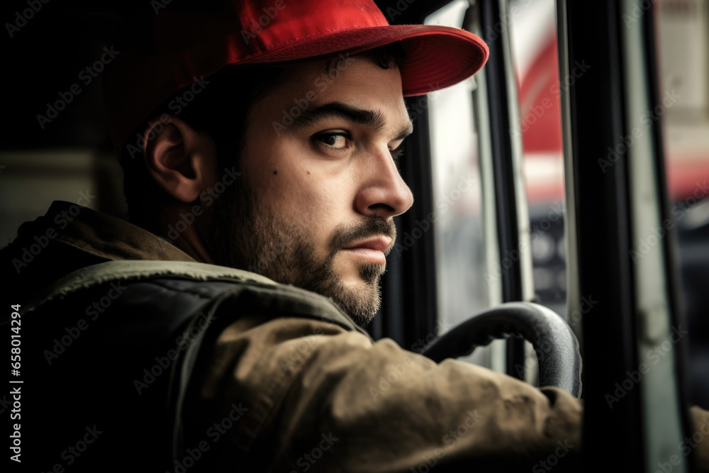 Poster man in red hat is driving bus. this image can be used to illustrate transportation, public transit, 