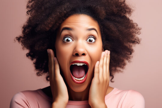 Woman with surprised expression on her face. This picture can be used to depict shock, amazement, or disbelief. It is suitable for illustrating emotions or reactions in various contexts.