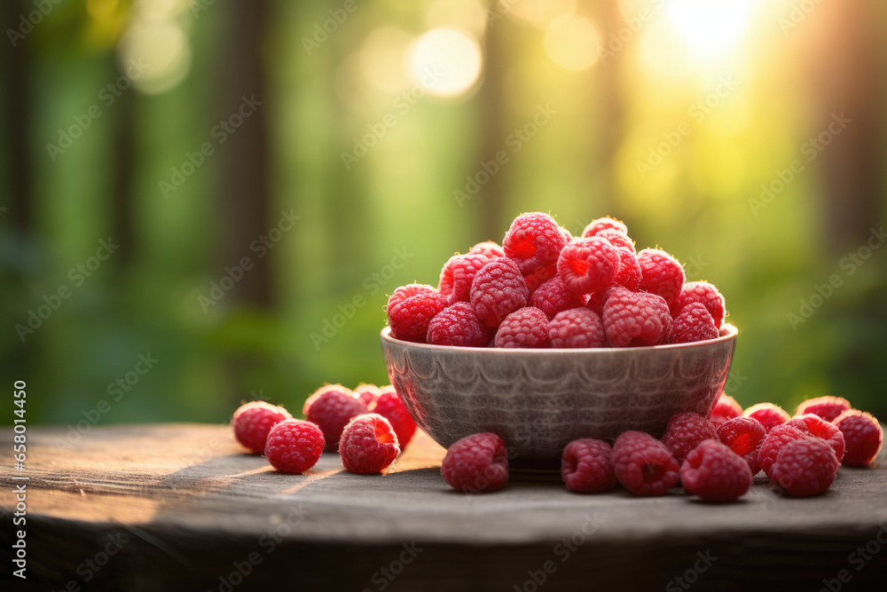 Aufkleber simple and refreshing image of bowl of raspberries sitting on table. this image can be used to showc