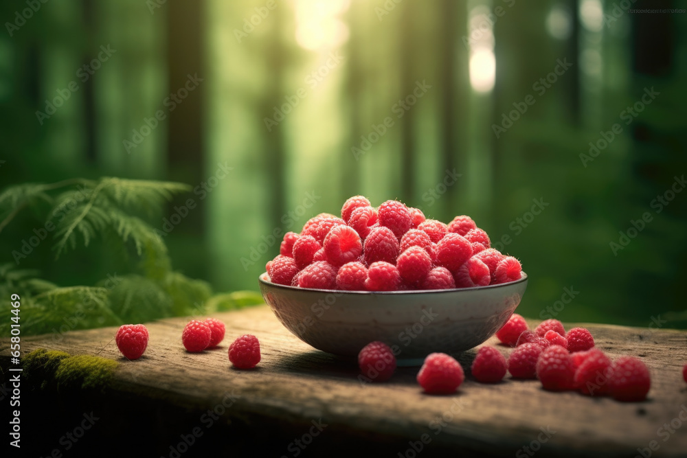 Aufkleber simple and inviting image of bowl filled with fresh raspberries placed on rustic wooden table. perfe