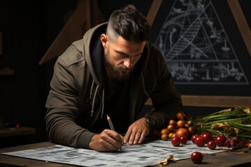  Young man working on a construction blueprint with a set square and measuring tools, Generative AI
