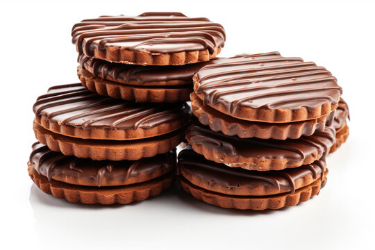 Stack of delicious chocolate covered cookies, perfect for indulging in sweet treat. This image can be used to showcase variety of desserts or as mouthwatering background for food-related designs.