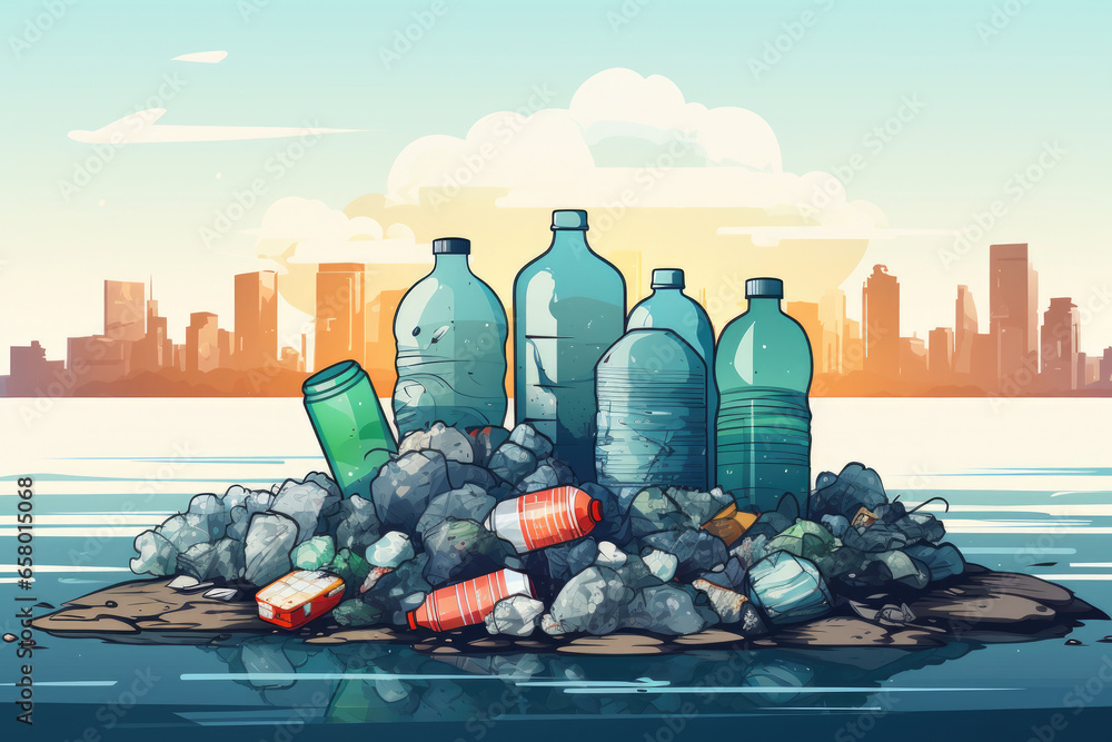 Aufkleber collection of bottles placed on stack of rocks. this versatile image can be used to depict recycling