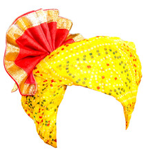 Guajarati folk safa (pagdi) traditional turban with white transparent background - Rajasthani turban yellow red chunri turban traditional turban