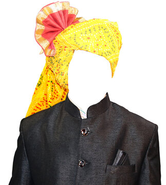 Jaipuri turban with safari suit black - yellow chunri turban safa pagdi with black suit with transparent background png file
