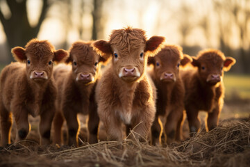 Fototapeta premium Group of brown cows standing next to each other. This image can be used to depict farm scene or showcase beauty of nature.
