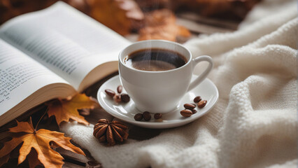 Black coffee in a ceramic mug on an autumn morning.
