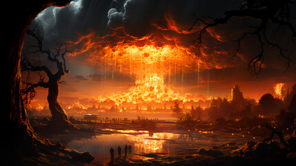 Mushroom of a nuclear explosion of a large powerful atomic bomb. Concept war and apocalypse end of the world - obrazy, fototapety, plakaty