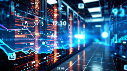 Fototapeta premium Data center room with virtual screen, digital analytics with lines and numbers