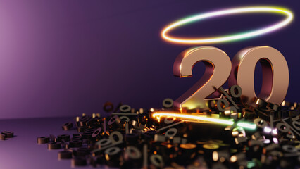 Fototapeta premium 20 or twenty 3d Metallic gold with circle neon light on percents background and copy space for promo, sale, offer banner or poster.