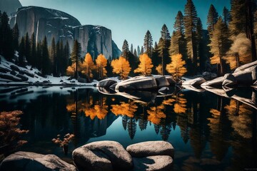 reflection of trees in the lake , sunset over the lake