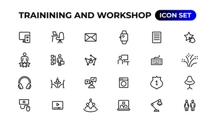 Trainining and workshop icon set. Containing team building, collaboration, teamwork.Outline icon collection.