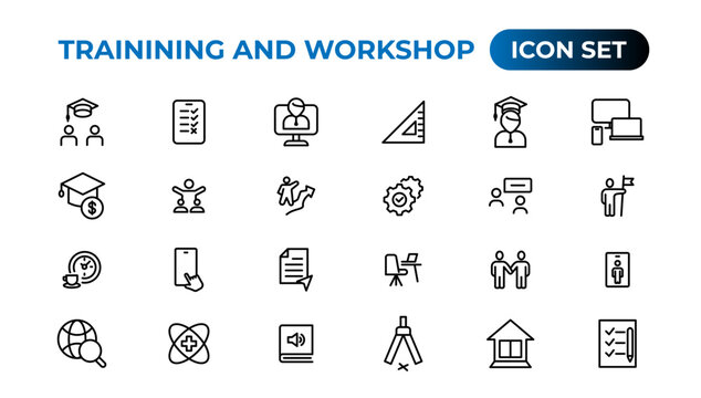 Trainining and workshop icon set. Containing team building, collaboration, teamwork.Outline icon collection.