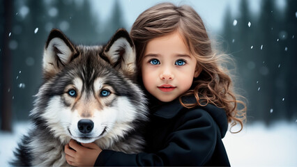 image of shy little girl hugging grey wolf puppy in winter snow - obrazy, fototapety, plakaty