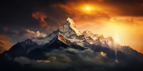AI Fictional mountain of Everest. Dramatic view of mountain peak - obrazy, fototapety, plakaty
