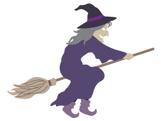 Halloween outlined vector illustration element of spooky, cute and fun flying wicked witch in purple costume on the broom