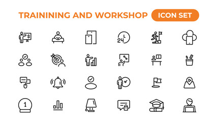 Trainining and workshop icon set. Containing team building, collaboration, teamwork.Outline icon collection.